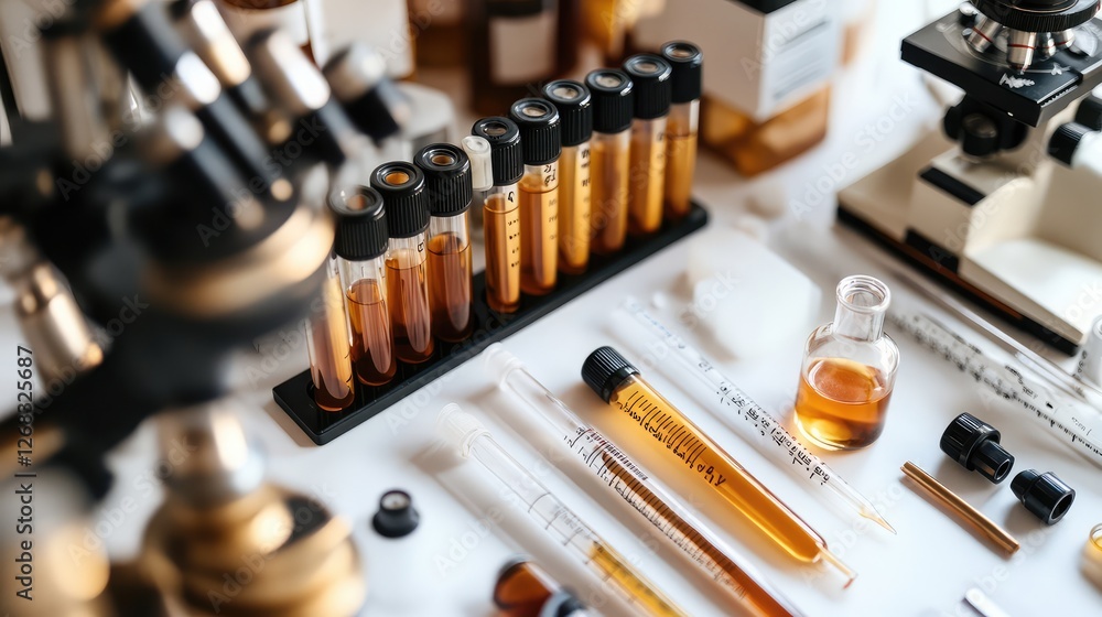 A collection of scientific tools for biological analysis, such as microscopes, test tubes, and vials filled with biological samples. A collection of scientific tools for biological analysis, such as microscopes, test tubes, and vials filled with biological samples.