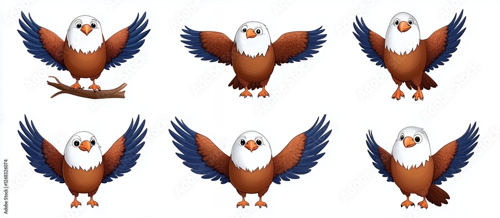Naklejka premium Illustration of a Bald Eagle in Various Poses with Outstretched Wings on a White Background
