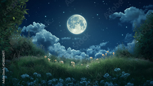 Fototapeta Naklejka Na Ścianę i Meble -  Full moon shining over a meadow with flowers at night
