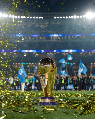 Golden trophy award with festive confetti background