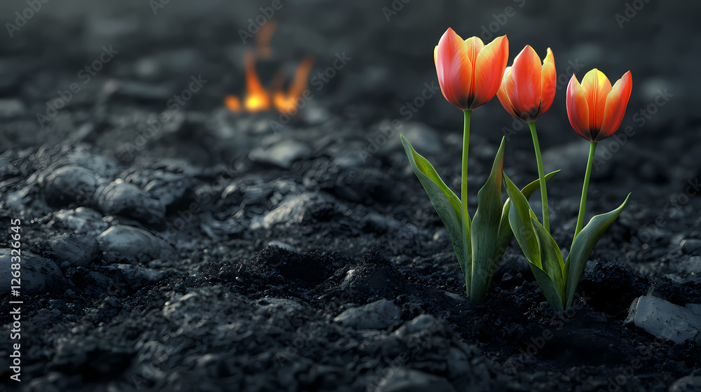 Resilience and Rebirth: Three vibrant tulips bloom defiantly amidst a desolate, ashen landscape, with a flickering flame in the background, symbolizing hope and the tenacity of life.