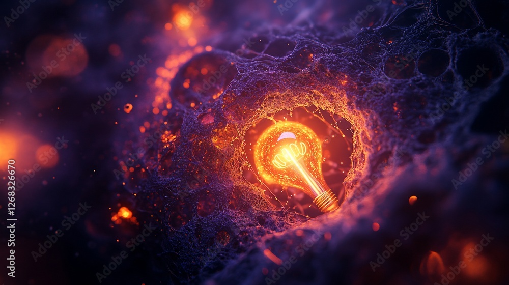 Obraz premium Glowing lightbulb emerges from fiery, textured, dark abyss.