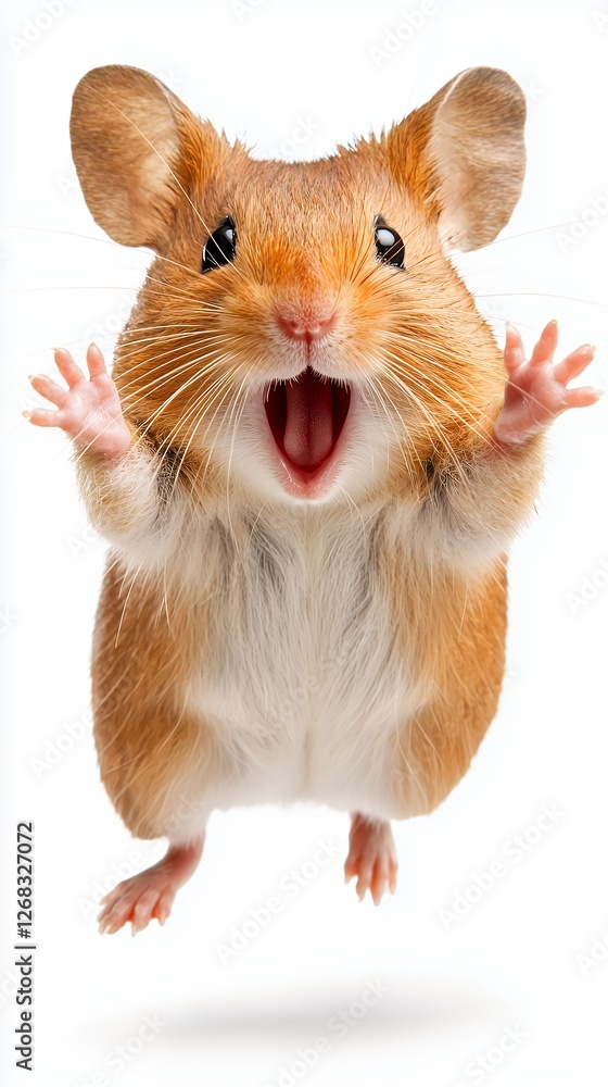 Joyful Hamster Jumping with Outstretched Paws Against a White Background Joyful Hamster Jumping with Outstretched Paws Against a White Background