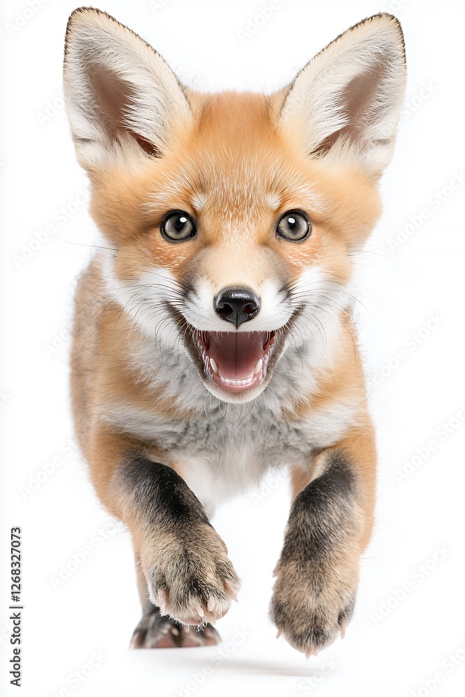 Fototapeta premium Joyful Red Fox Cub Running Playfully with Open Mouth and Energetic Expression