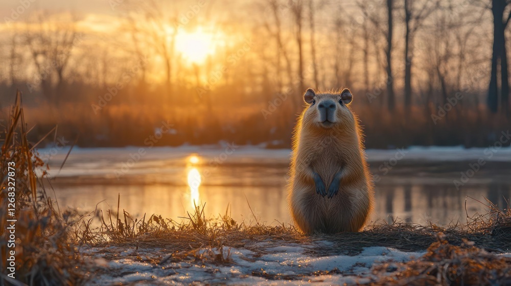 Obraz premium Capybara standing on snow-covered ground at sunset