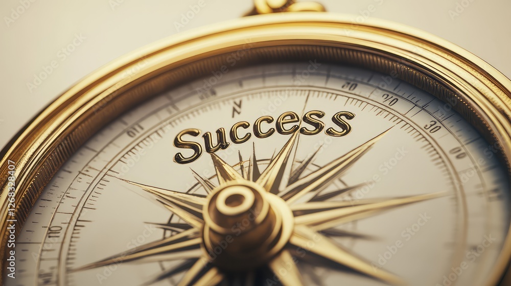 A golden compass with a bright Success direction, symbolizing guidance, leadership, and ambition. Clean background with copy space. A golden compass with a bright Success direction, symbolizing guidance, leadership, and ambition. Clean background with copy space.