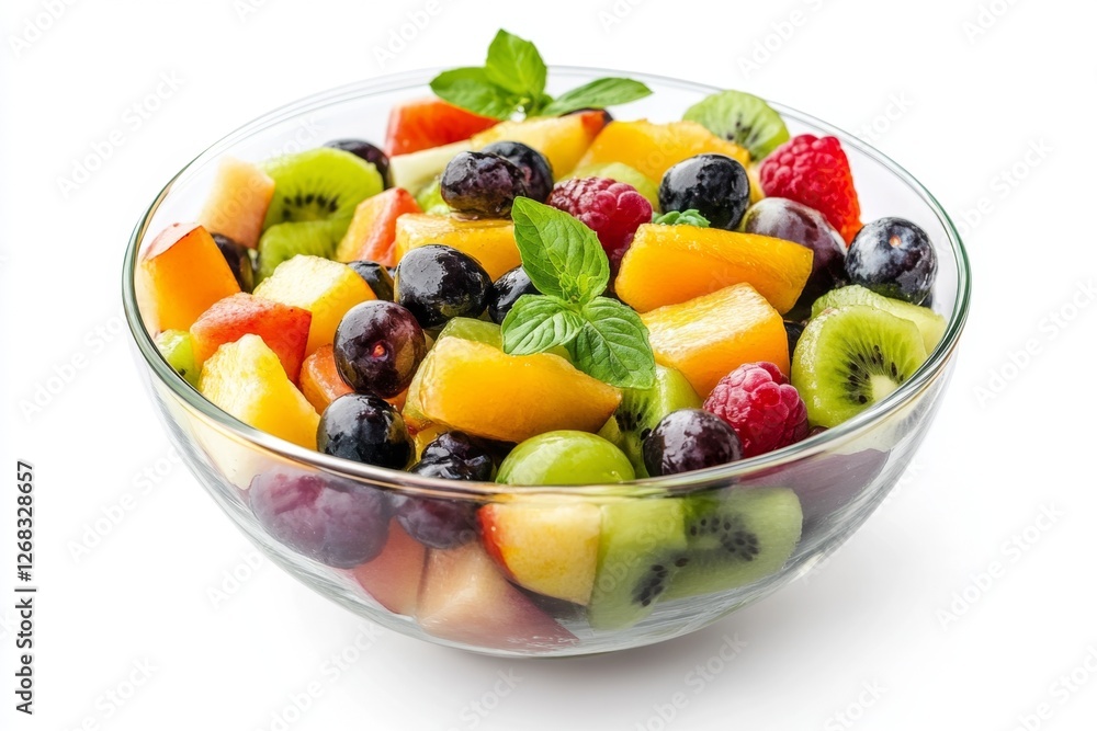 Fresh fruit salad bowl, summer dessert, white background, healthy eating Fresh fruit salad bowl, summer dessert, white background, healthy eating