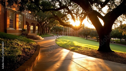 Sunset illuminates campus walkway, brick buildings, and lush green lawns.