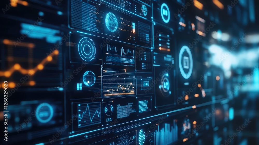 A holographic display featuring floating digital data icons and graphs, representing the future of technology. Copy space included. A holographic display featuring floating digital data icons and graphs, representing the future of technology. Copy space included.