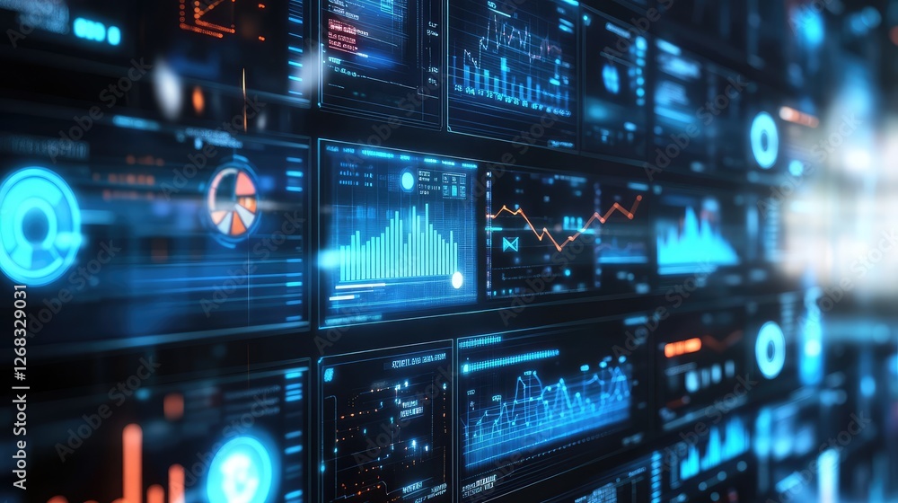 A holographic display featuring floating digital data icons and graphs, representing the future of technology. Copy space included. A holographic display featuring floating digital data icons and graphs, representing the future of technology. Copy space included.