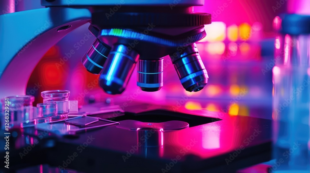 A macro shot of a single cell magnified under a microscope with biological markers, surrounded by lab equipment and slides. A macro shot of a single cell magnified under a microscope with biological markers, surrounded by lab equipment and slides.