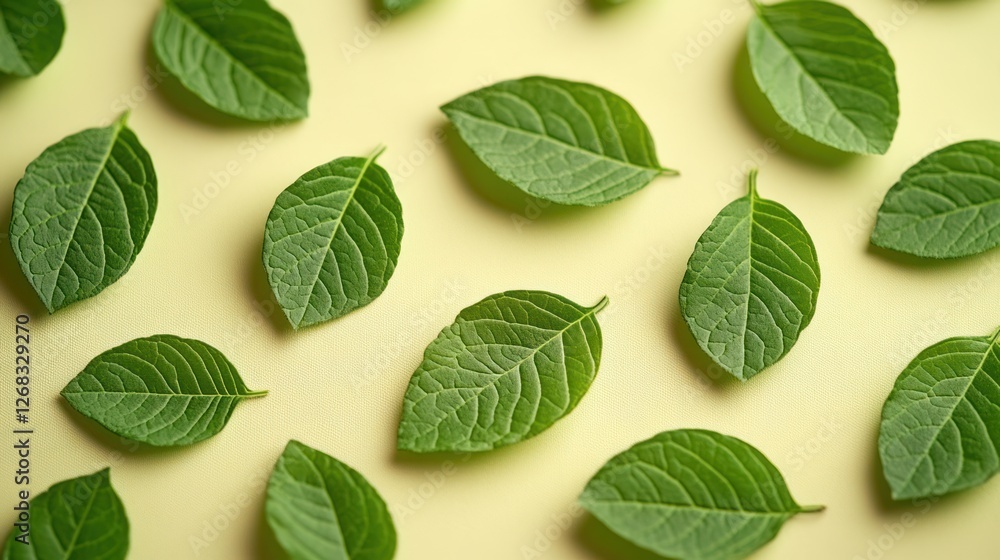Green leaves arranged on pastel yellow background Green leaves arranged on pastel yellow background