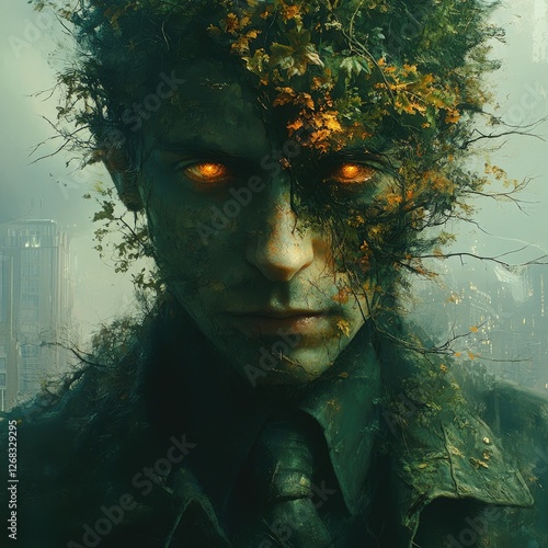 Surreal portrait of a man merging with nature, surrounded by a futuristic cityscape and greenery
