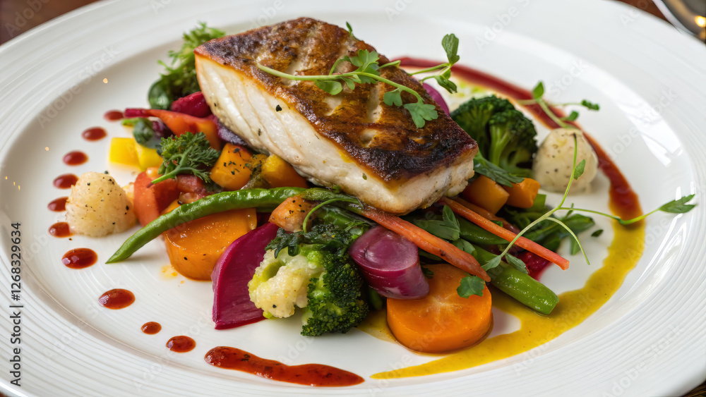 Delicious grilled fish served with colorful vegetables and sauce Delicious grilled fish served with colorful vegetables and sauce