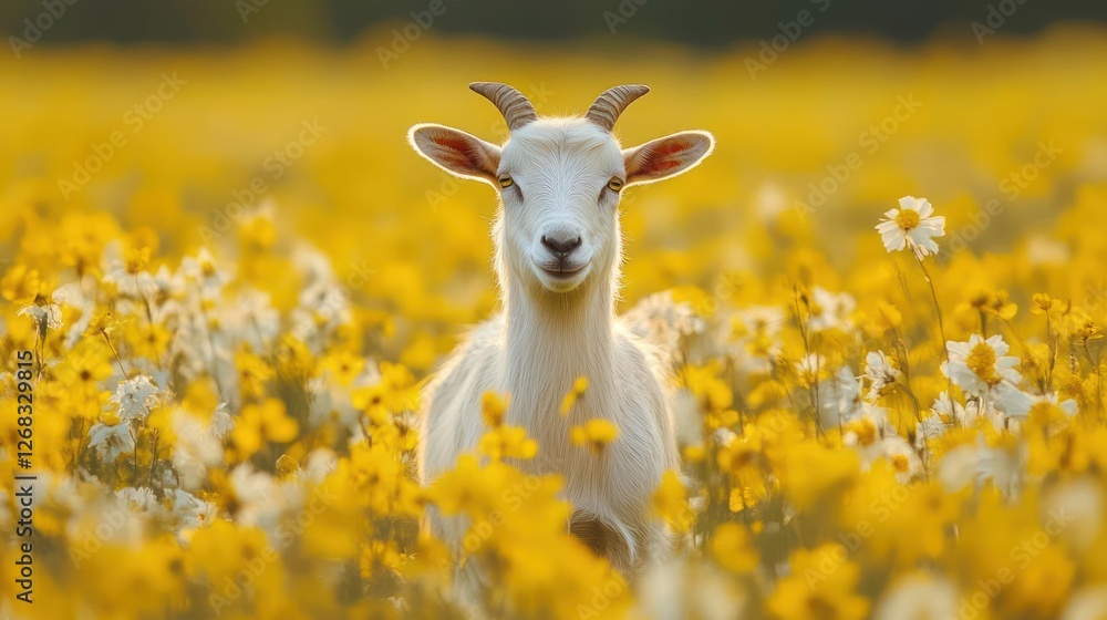 Naklejka premium A white goat standing in a field of yellow flowers.