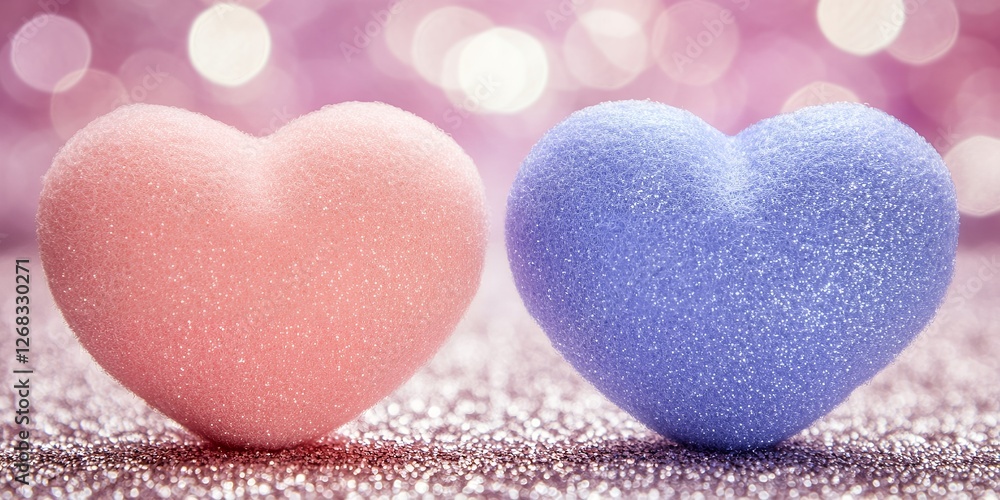 Fototapeta premium Pink and Purple Glitter Hearts on Sparkling Background Valentine s Day Romance
