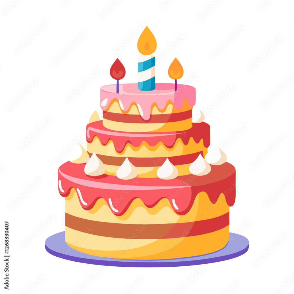 Colorful tiered birthday cake featuring whipped cream swirls and bright candles stands out on a simple plate. A delightful centerpiece for any birthday celebration or special event Colorful tiered birthday cake featuring whipped cream swirls and bright candles stands out on a simple plate. A delightful centerpiece for any birthday celebration or special event