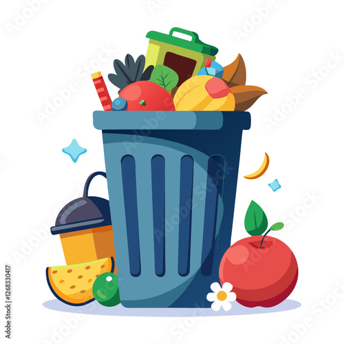 A trash bin overflowing with organic waste, including fruits and vegetables, sits in a tidy area. Bright colors and a variety of discarded items highlight waste management issues