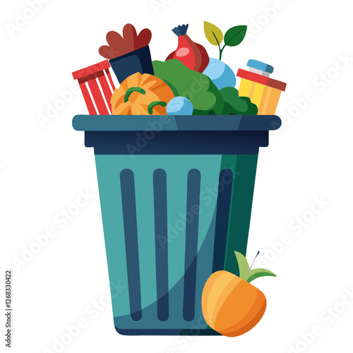 A trash bin is filled to the brim with assorted waste materials such as food scraps, bottles, and wrappers. Surrounding debris indicates neglect in waste management