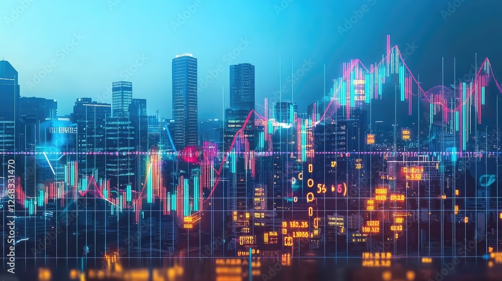 A silhouette of a city skyline with stock market numbers and financial symbols glowing in the background. Copy space included. A silhouette of a city skyline with stock market numbers and financial symbols glowing in the background. Copy space included.