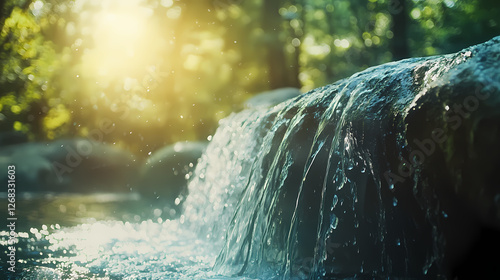 Sun-Kissed Cascade: A refreshing perspective on water gently cascading over textured rocks, inviting us to immerse ourselves in nature's symphony, evoking a sense of calmness.