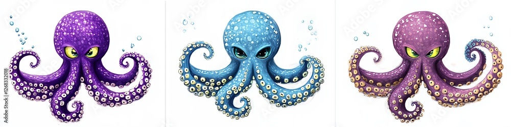 Fototapeta premium Three Colorful Stylized Octopuses with Expressive Features and Playful Atmosphere