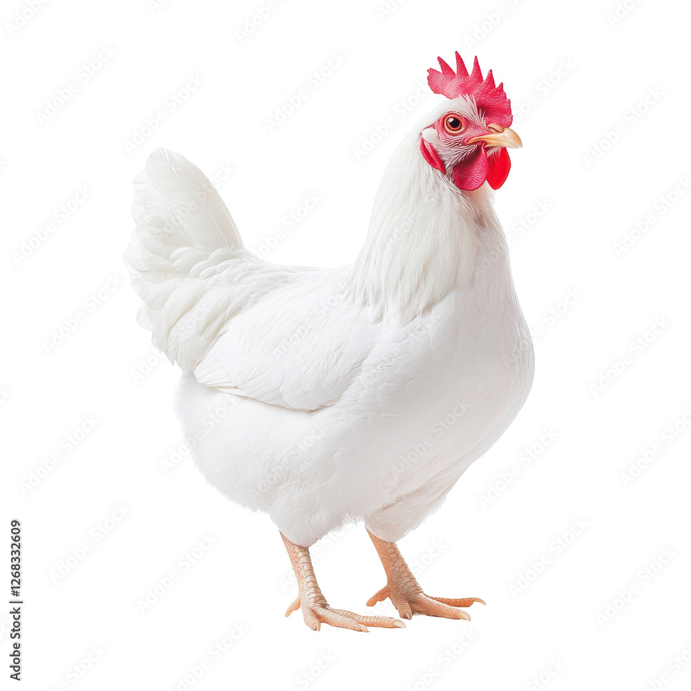 Fototapeta premium A beautiful white chicken standing gracefully on a white background. transparent background