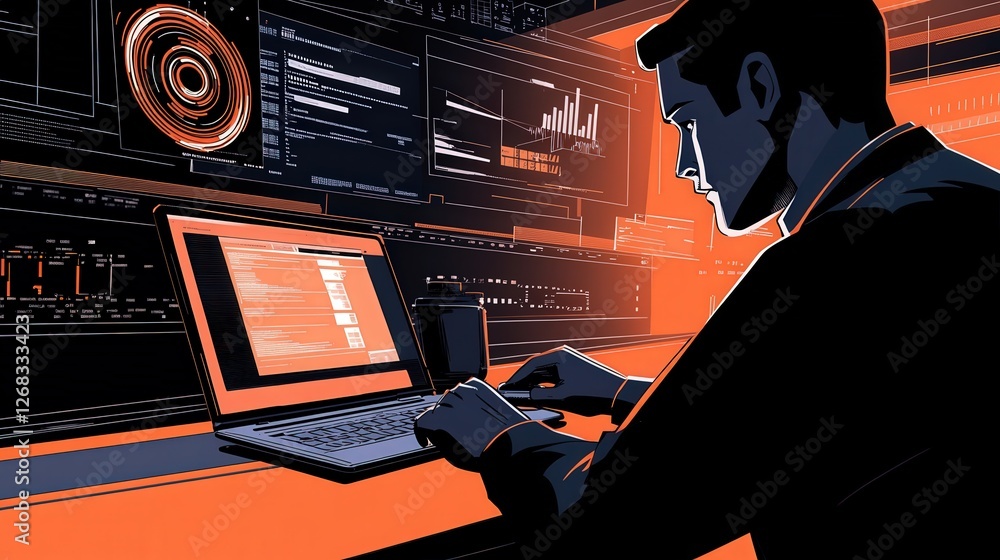 security analyst typing on a laptop, with AI-enhanced risk assessment icons illuminating his workspace. security analyst typing on a laptop, with AI-enhanced risk assessment icons illuminating his workspace.