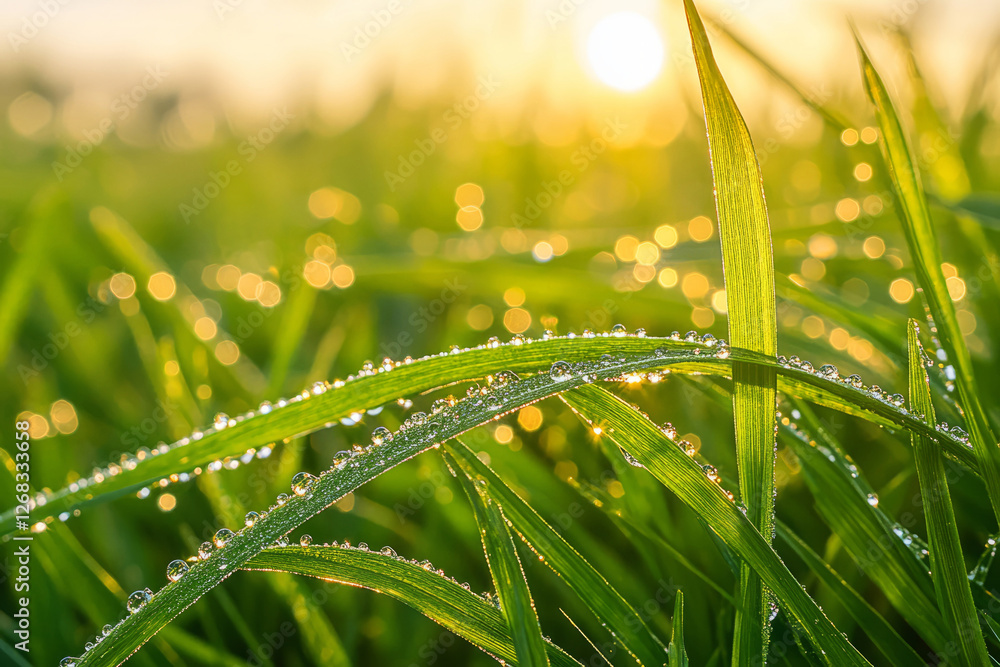Fresh Green Grass Blades with Morning Dew Droplets Sparkling in Soft Sunlight Fresh Green Grass Blades with Morning Dew Droplets Sparkling in Soft Sunlight