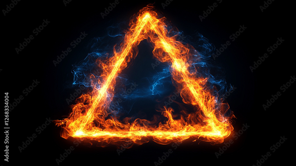 A black background highlights the fire triangle, symbolizing combustion, energy, and transformation, enhanced with a mystical spell effect representing power, alchemy, and supernatural forces A black background highlights the fire triangle, symbolizing combustion, energy, and transformation, enhanced with a mystical spell effect representing power, alchemy, and supernatural forces
