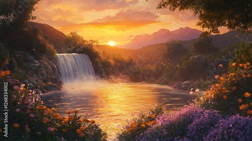 Fototapeta Naklejka Na Ścianę i Meble -  Enchanting sunset cascading waterfall with blossoming floral landscape