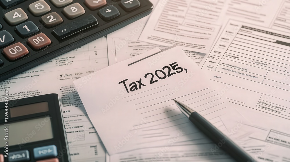 tax documents, a calculator, and a note labeled tax documents, a calculator, and a note labeled