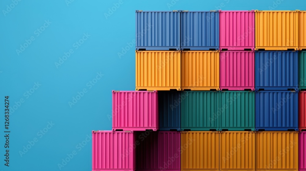 Fototapeta premium A vibrant stack of colorful shipping containers against a bright blue background, showcasing a modern and playful aesthetic.