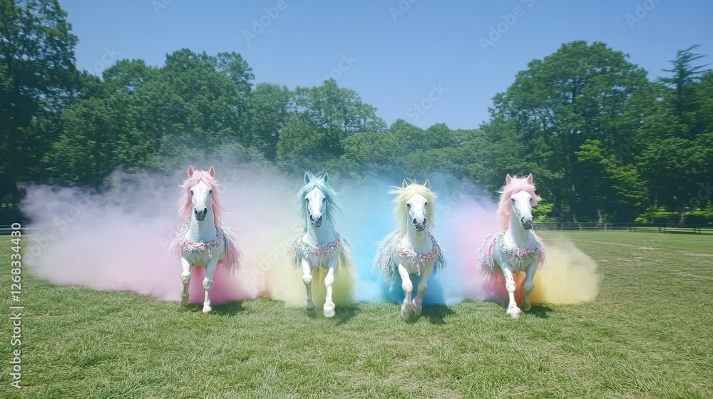 Obraz premium Pastel horses running, park, colorful smoke, fantasy