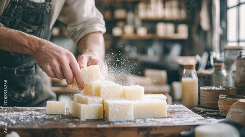 Artisan crafting handmade soap in rustic workshop photo