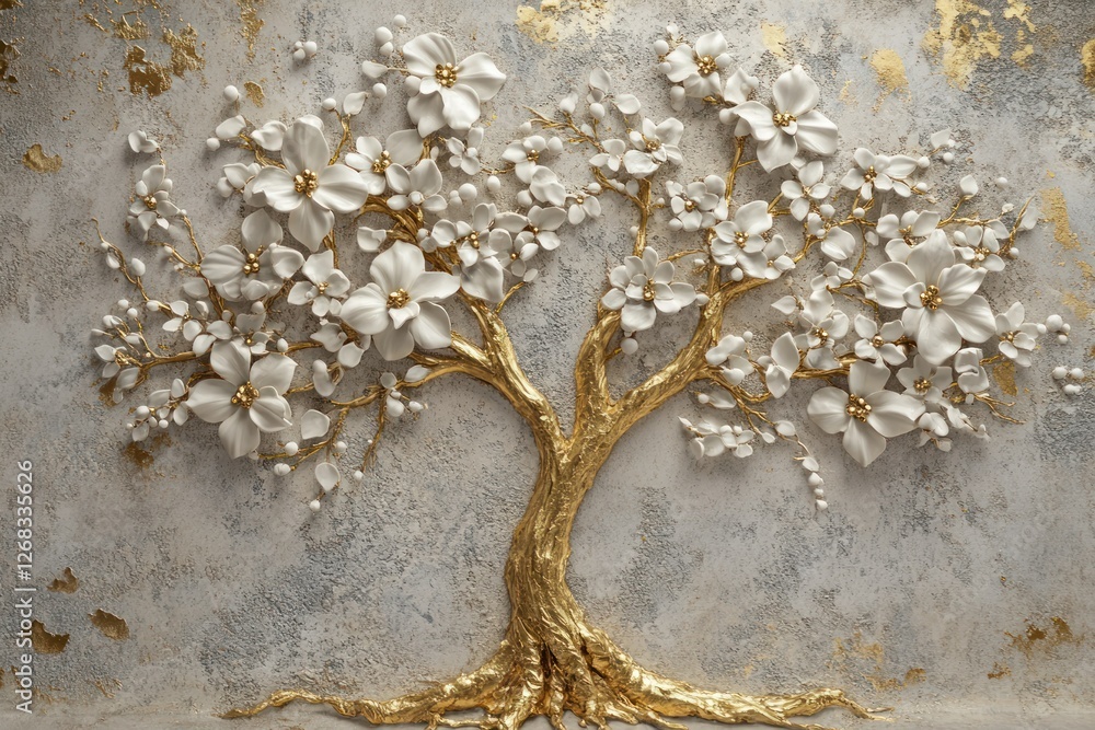 Fototapeta premium Luxurious 3D wallpaper featuring a shimmering golden tree of life with realistic white floral accents and soft textures.