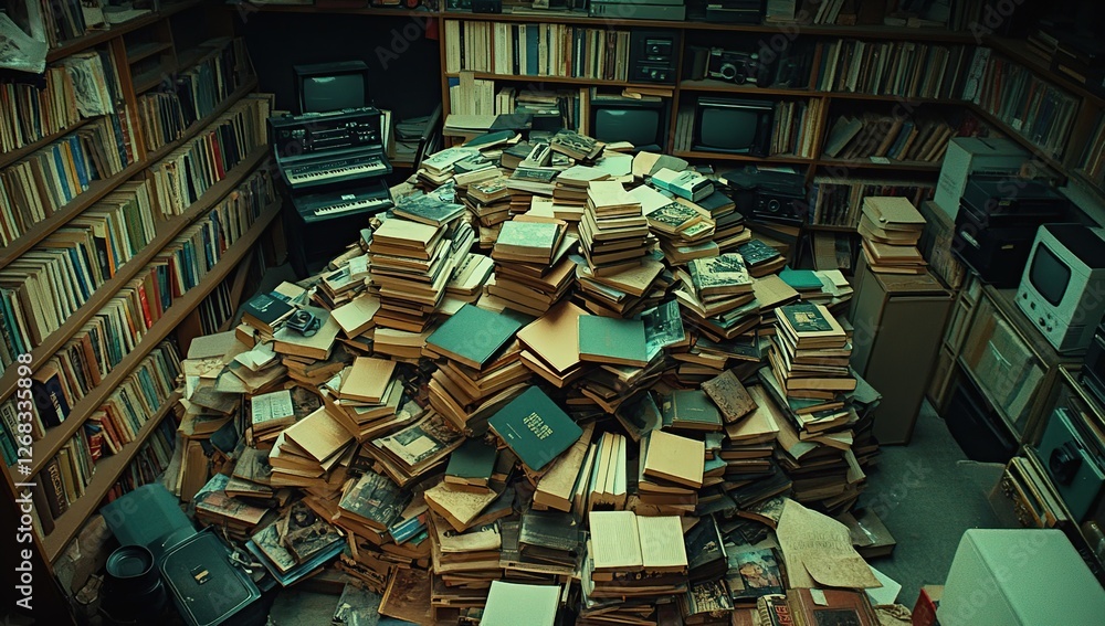 Fototapeta premium Exploring a Mountain of Books: Vintage Literature and Collectibles in a Dusty Room, Overflowing with Stories and Knowledge