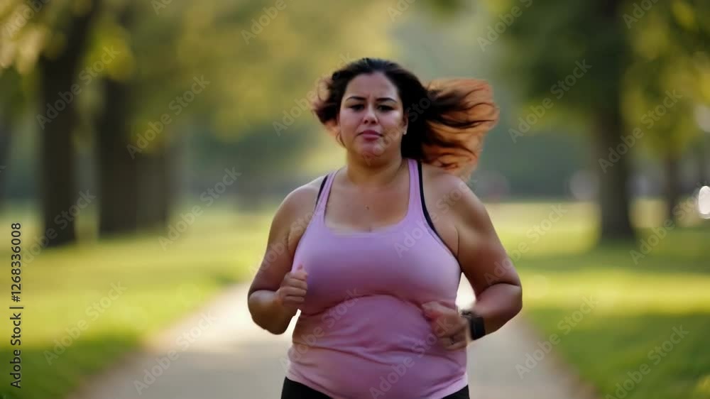 Obese young Latina woman jogging in a park, doing physical activity to lose weight, taking care of her body and mind through exercise in nature. Doing sports routine in the morning with soft sunlight Obese young Latina woman jogging in a park, doing physical activity to lose weight, taking care of her body and mind through exercise in nature. Doing sports routine in the morning with soft sunlight