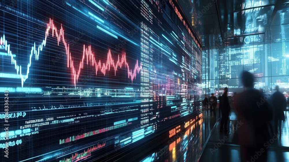 towering cyber-screen displays a heartbeat graph pulsing erratically, reflecting the fear gripping traders caught in a financial storm. towering cyber-screen displays a heartbeat graph pulsing erratically, reflecting the fear gripping traders caught in a financial storm.
