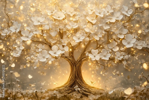 Fototapeta Naklejka Na Ścianę i Meble -  Luxury 3D mural wallpaper with a golden tree of life adorned with intricate white flowers and subtle light effects.