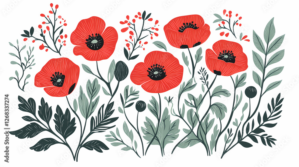 Vibrant Poppy Field Illustration: A lively and charming illustration showcases a collection of red poppies, their petals open wide against a backdrop of lush greenery and delicate floral elements. Vibrant Poppy Field Illustration: A lively and charming illustration showcases a collection of red poppies, their petals open wide against a backdrop of lush greenery and delicate floral elements.
