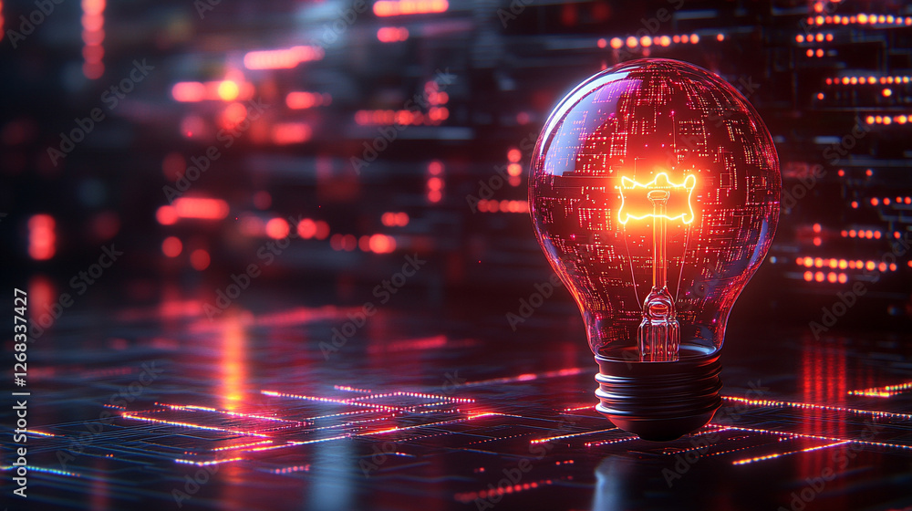 A glowing lightbulb with a circuit board filament emits energy, symbolizing innovation and technological advancement, set against a dark backdrop of digital streams, conveying modernity and progress.
A glowing lightbulb with a circuit board filament emits energy, symbolizing innovation and technological advancement, set against a dark backdrop of digital streams, conveying modernity and progress.