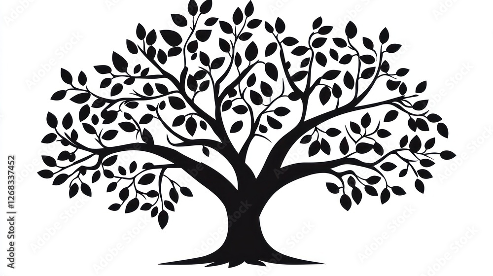 Obraz premium Black silhouette tree, leaves, growth, nature, white background; design, logo