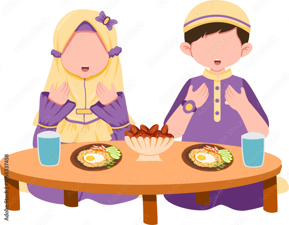 Muslim kids praying before eat Muslim kids praying before eat
