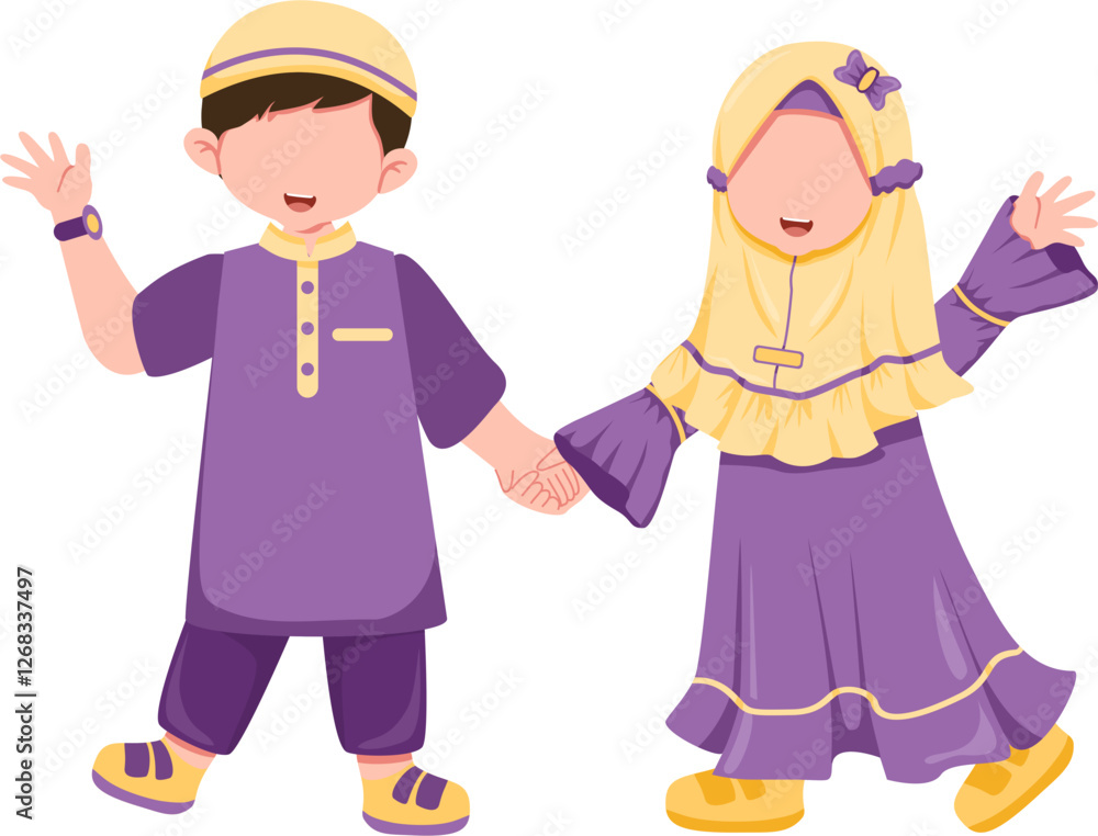 muslim kids smile and waving hand muslim kids smile and waving hand