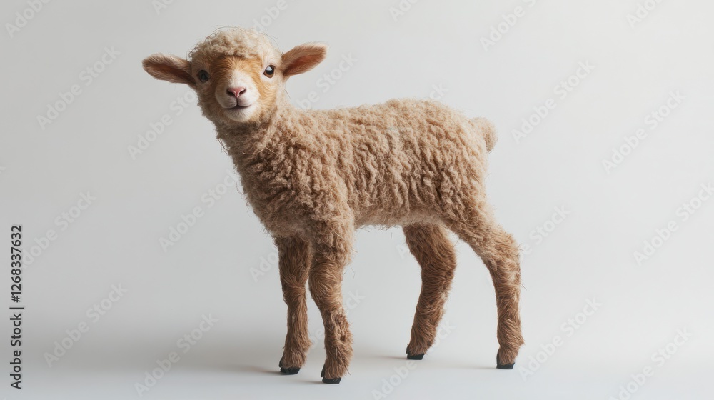 Fototapeta premium Cute lamb standing, light background, farm animal, spring