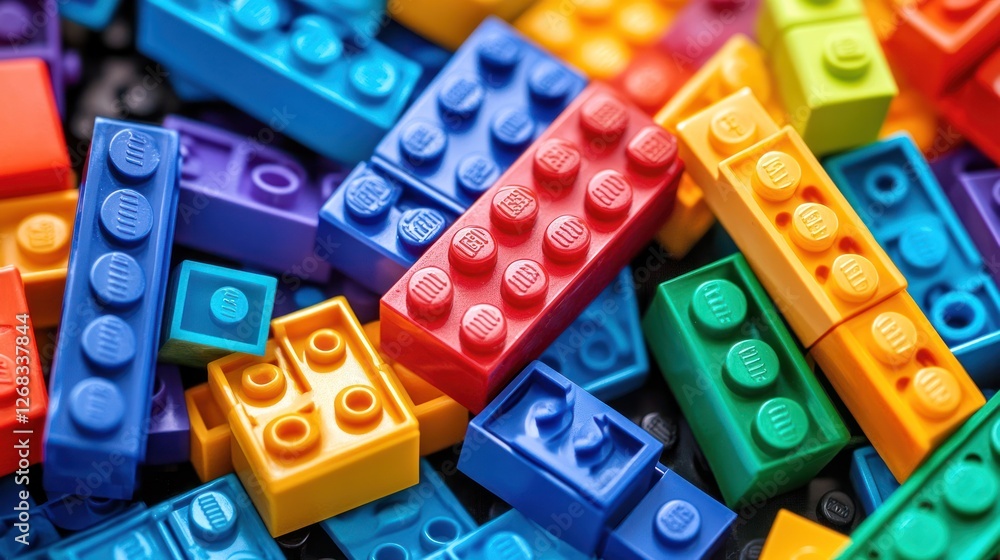 Fototapeta premium Colorful plastic bricks scattered on a dark surface, close-up, for toy advertisement