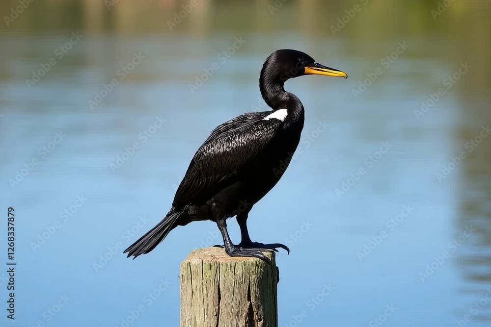 Fototapeta premium Black and White Cormorant Perched on a Wooden Post by a Calm Water Body
