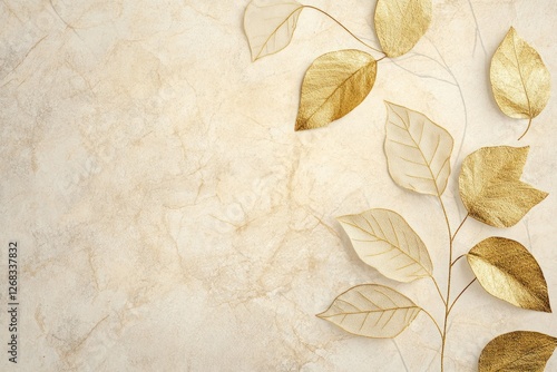 Minimalist luxury wallpaper with golden leaf details and hand-drawn leaf line art over a soft natural texture.