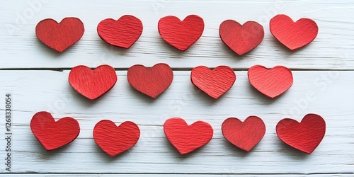 Romantic Red Wooden Hearts Arranged on White Wooden Background Valentine s Day Concept